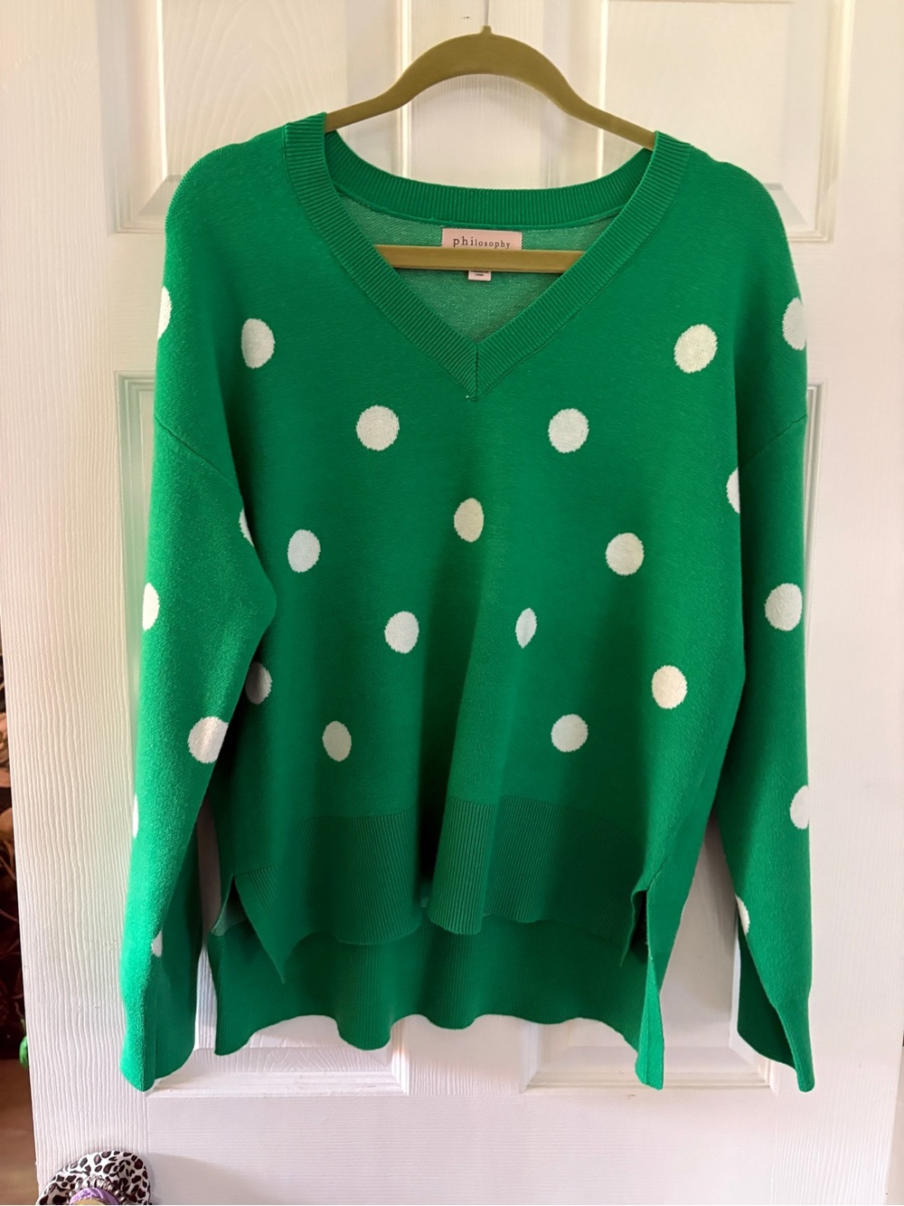 Philosophy Green and White Polka Dot V-Neck Sweater